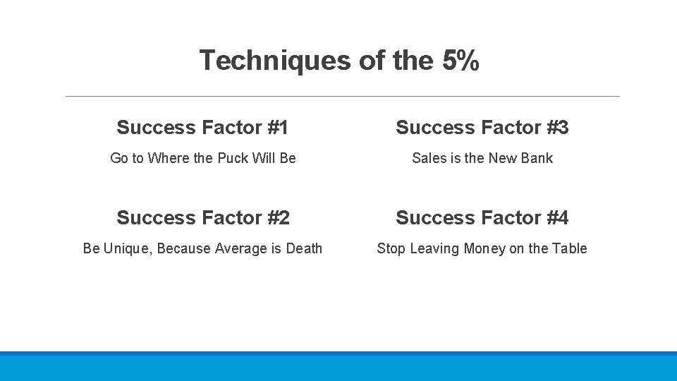 Techniques of the 5% Success Factor #1 Success Factor #3 Go to Where the