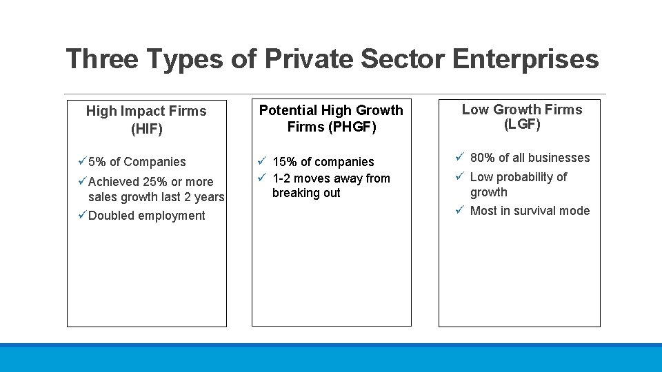 Three Types of Private Sector Enterprises High Impact Firms (HIF) ü 5% of Companies