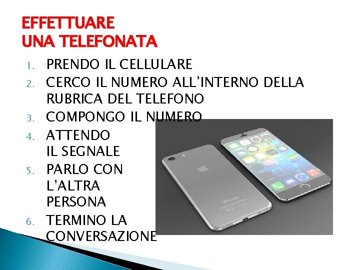 EFFETTUARE UNA TELEFONATA 1. 2. 3. 4. 5. 6. PRENDO IL CELLULARE CERCO IL