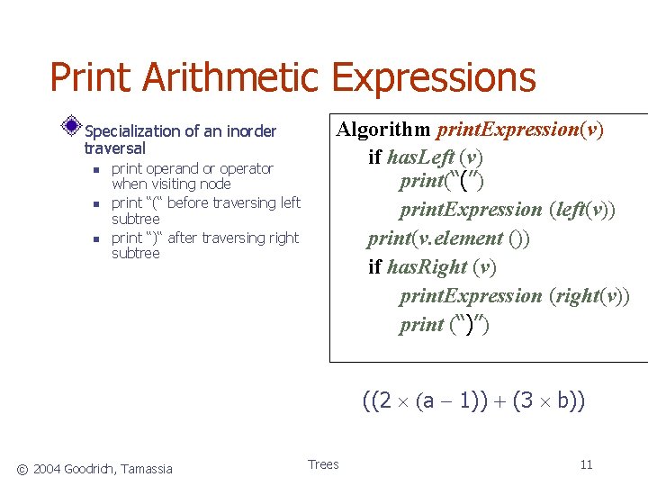 Print Arithmetic Expressions Specialization of an inorder traversal print operand or operator when visiting