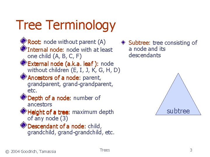 Tree Terminology Root: node without parent (A) Internal node: node with at least one