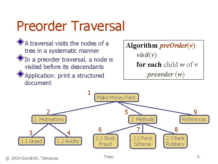 Preorder Traversal A traversal visits the nodes of a tree in a systematic manner