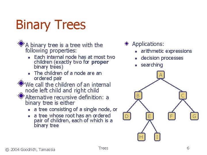 Binary Trees Applications: A binary tree is a tree with the following properties: Each