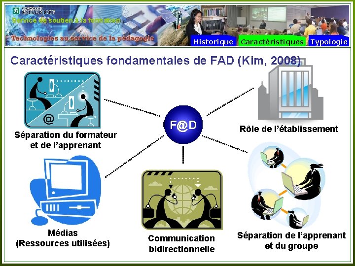 Service de soutien à la formation Historique Caractéristiques Typologie Caractéristiques fondamentales de FAD (Kim,