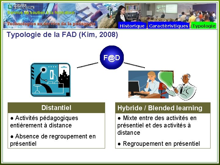 Service de soutien à la formation Historique Caractéristiques Typologie de la FAD (Kim, 2008)