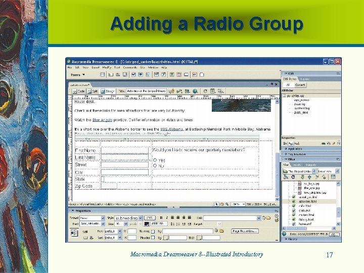 Adding a Radio Group Macromedia Dreamweaver 8 --Illustrated Introductory 17 