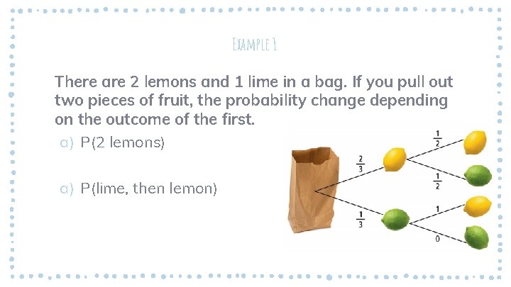 Example 1 There are 2 lemons and 1 lime in a bag. If you
