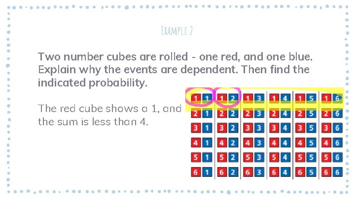 Example 2 Two number cubes are rolled - one red, and one blue. Explain