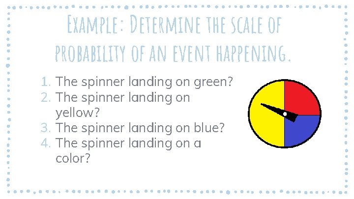 Example: Determine the scale of probability of an event happening. 1. The spinner landing