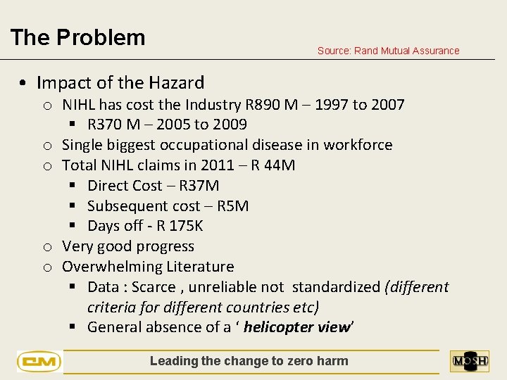 The Problem Source: Rand Mutual Assurance • Impact of the Hazard o NIHL has