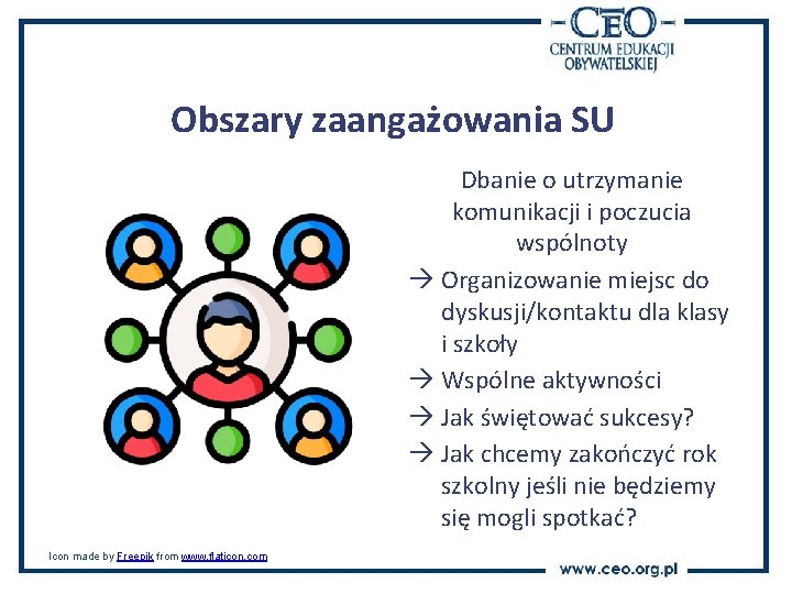 Obszary zaangażowania SU Dbanie o utrzymanie komunikacji i poczucia wspólnoty Organizowanie miejsc do dyskusji/kontaktu