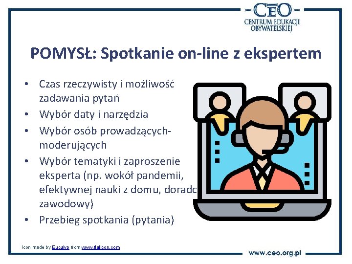 POMYSŁ: Spotkanie on-line z ekspertem • Czas rzeczywisty i możliwość zadawania pytań • Wybór
