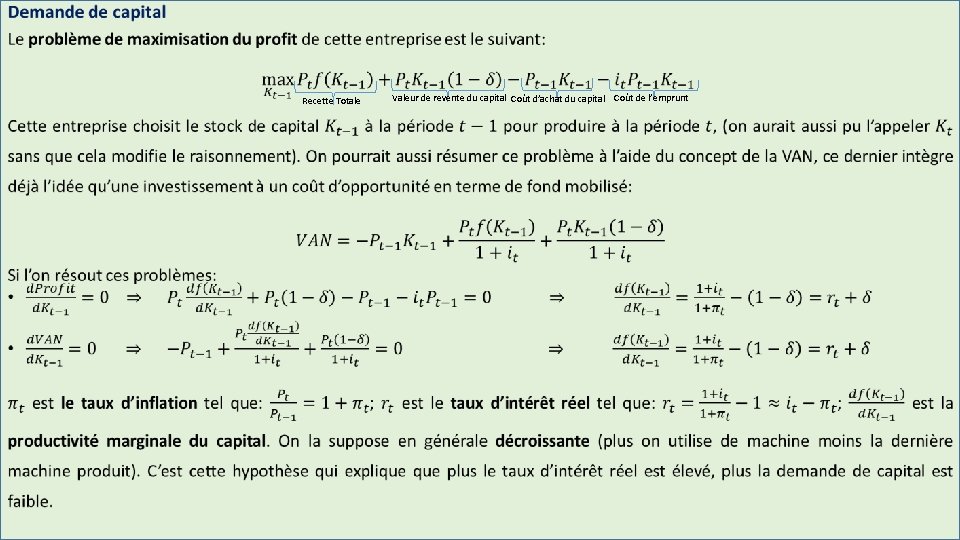  • Recette Totale Valeur de revente du capital Coût d’achat du capital Coût