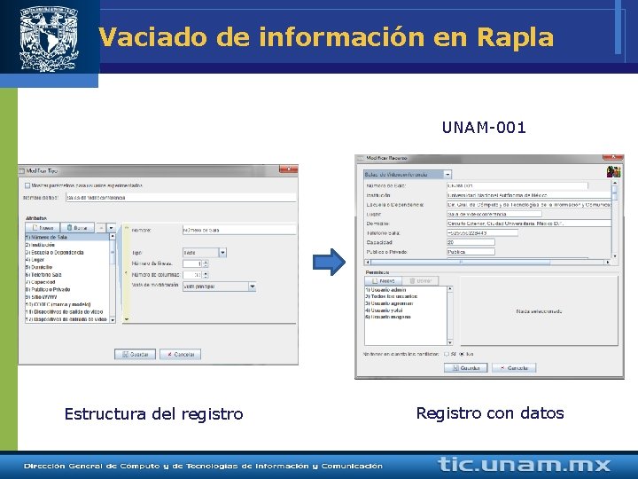 Vaciado de información en Rapla UNAM-001 Estructura del registro Registro con datos 