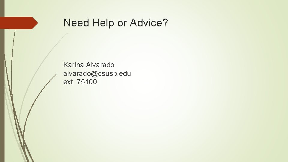 Need Help or Advice? Karina Alvarado alvarado@csusb. edu ext. 75100 