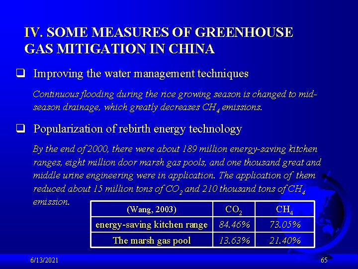 IV. SOME MEASURES OF GREENHOUSE GAS MITIGATION IN CHINA q Improving the water management