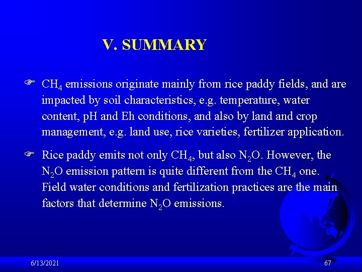 V. SUMMARY F CH 4 emissions originate mainly from rice paddy fields, and are