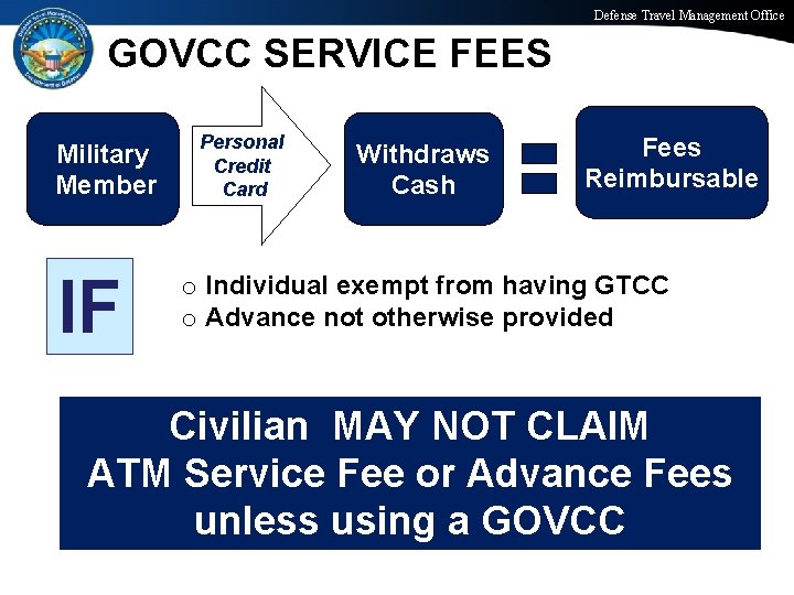 Defense Travel Management Office GOVCC SERVICE FEES Military Member IF Personal Credit Card Withdraws