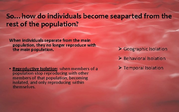 So…how do individuals become seaparted from the rest of the population? When individuals separate