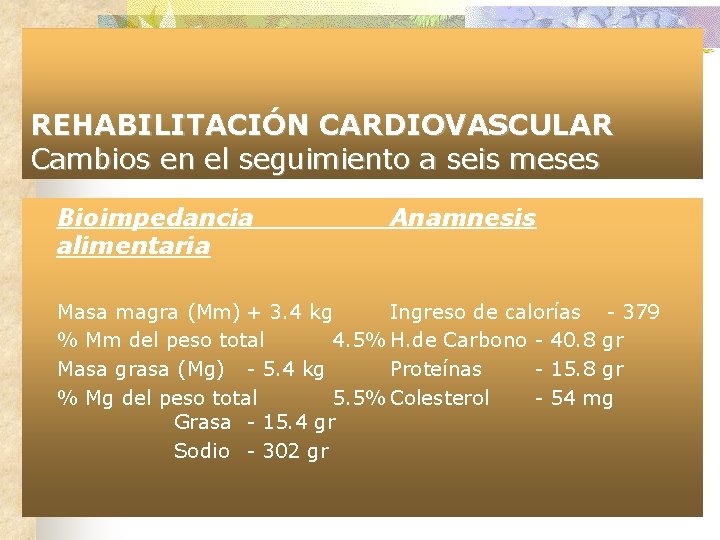 REHABILITACIÓN CARDIOVASCULAR Cambios en el seguimiento a seis meses Bioimpedancia alimentaria Anamnesis Masa magra