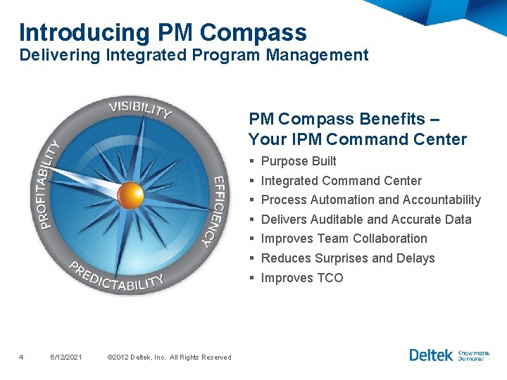 Introducing PM Compass Delivering Integrated Program Management PM Compass Benefits – Your IPM Command Introducing PM Compass Delivering Integrated Program Management PM Compass Benefits – Your IPM Command