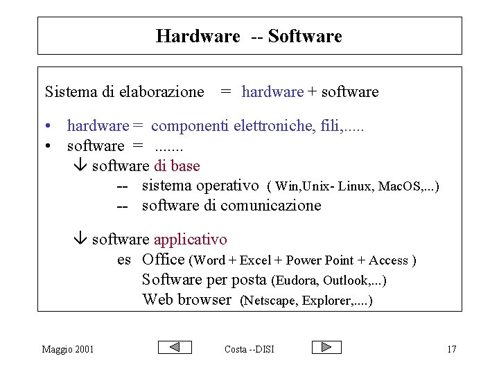 Hardware -- Software Sistema di elaborazione = hardware + software • hardware = componenti