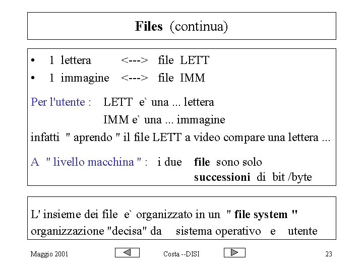 Files (continua) • • 1 lettera 1 immagine <---> file LETT <---> file IMM