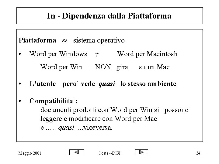 In - Dipendenza dalla Piattaforma sistema operativo • Word per Windows Word per Win