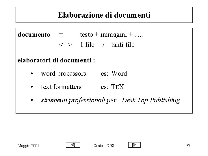 Elaborazione di documento = <--> testo + immagini +. . . 1 file /