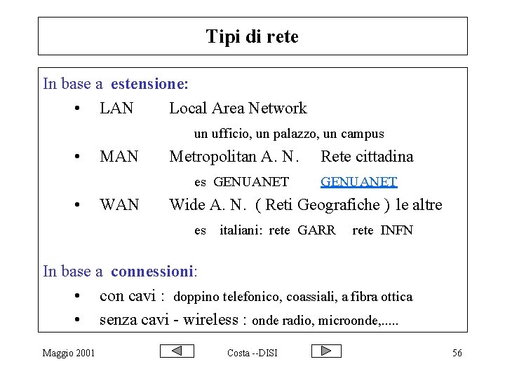 Tipi di rete In base a estensione: • LAN Local Area Network un ufficio,