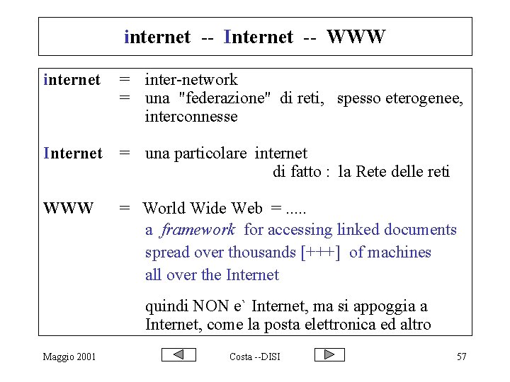 internet -- Internet -- WWW internet = inter-network = una "federazione" di reti, spesso