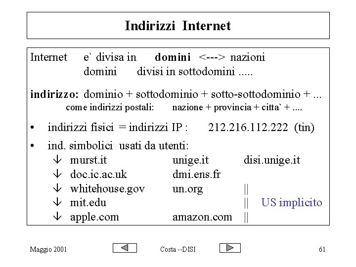 Indirizzi Internet e` divisa in domini <---> nazioni domini divisi in sottodomini. . .