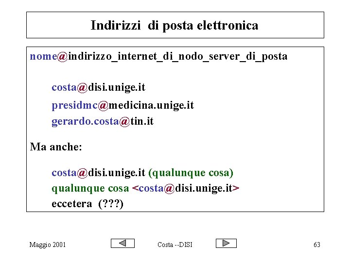 Indirizzi di posta elettronica nome@indirizzo_internet_di_nodo_server_di_posta costa@disi. unige. it presidmc@medicina. unige. it gerardo. costa@tin. it