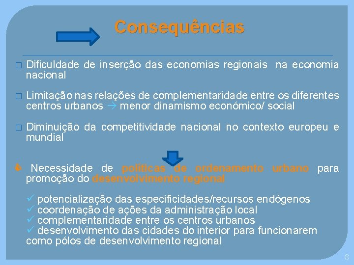 Consequências � Dificuldade de inserção das economias regionais na economia nacional � Limitação nas