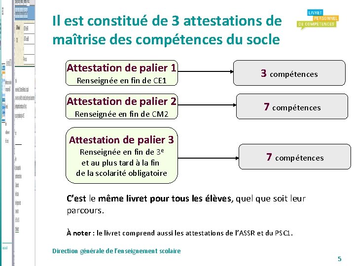 Il est constitué de 3 attestations de maîtrise des compétences du socle Attestation de