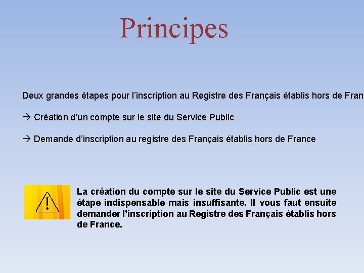 Principes Deux grandes étapes pour l’inscription au Registre des Français établis hors de Franc