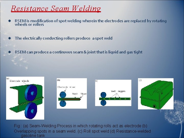 Resistance Seam Welding RSEM is modification of spot welding wherein the electrodes are replaced