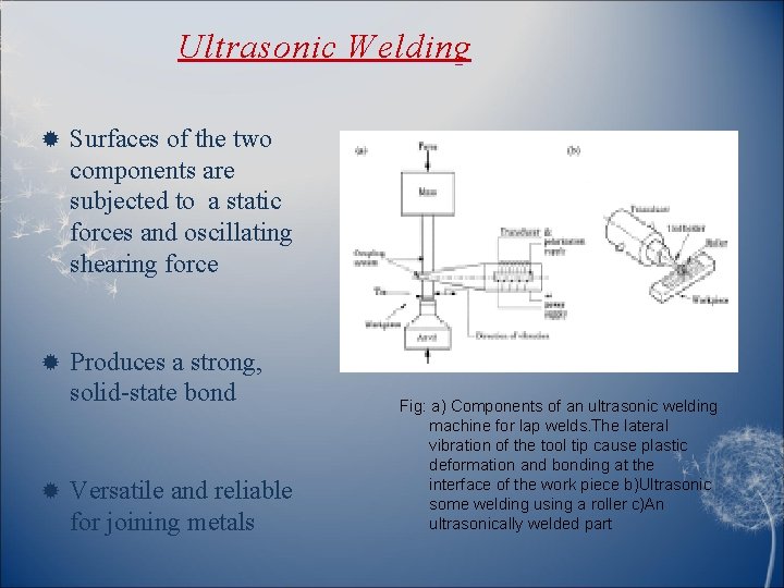 Ultrasonic Welding Surfaces of the two components are subjected to a static forces and