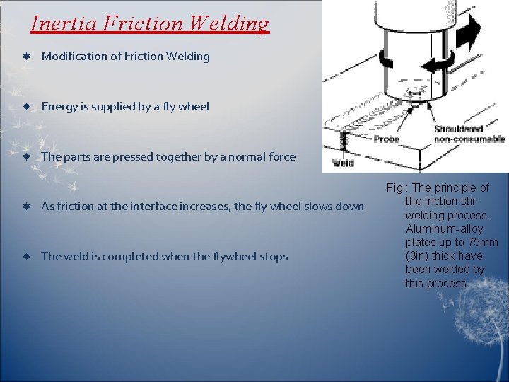 Inertia Friction Welding Modification of Friction Welding Energy is supplied by a fly wheel