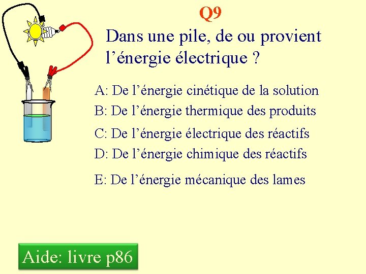 Q 9 Dans une pile, de ou provient l’énergie électrique ? A: De l’énergie