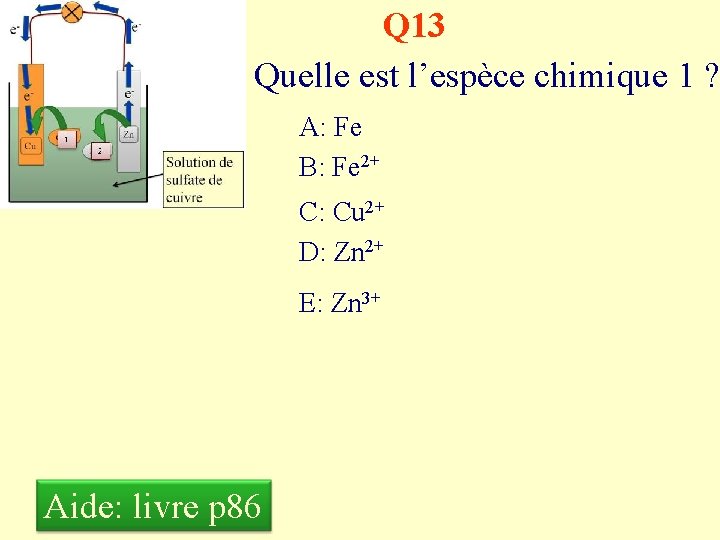 Q 13 Quelle est l’espèce chimique 1 ? A: Fe B: Fe 2+ C: