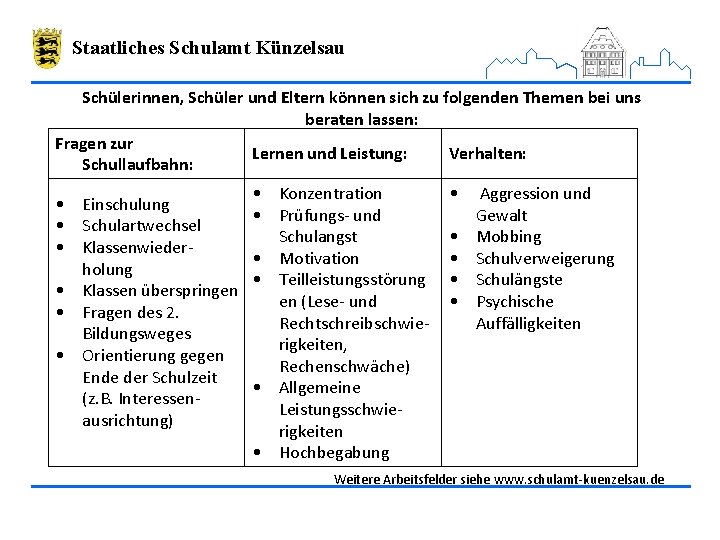 Staatliches Schulamt Künzelsau Schülerinnen, Schüler und Eltern können sich zu folgenden Themen bei uns