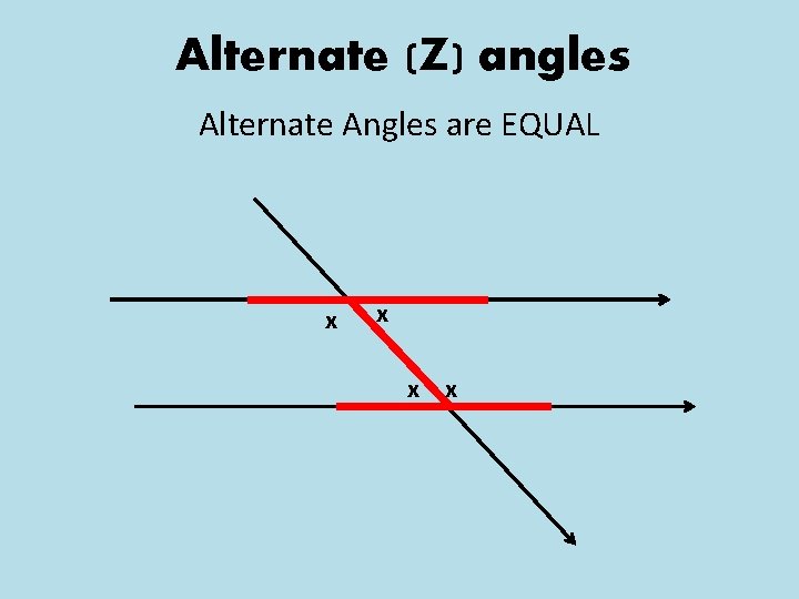 Alternate (Z) angles Alternate Angles are EQUAL x x 
