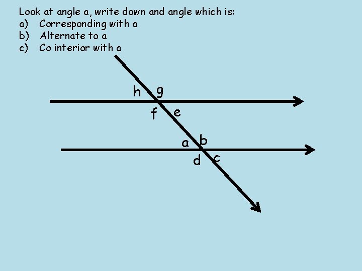 Look at angle a, write down and angle which is: a) Corresponding with a