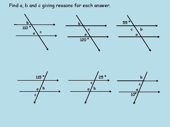 Find a, b and c giving reasons for each answer. b 110 ° 55
