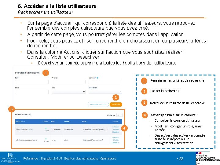 6. Accéder à la liste utilisateurs Recher un utilisateur • • Sur la page