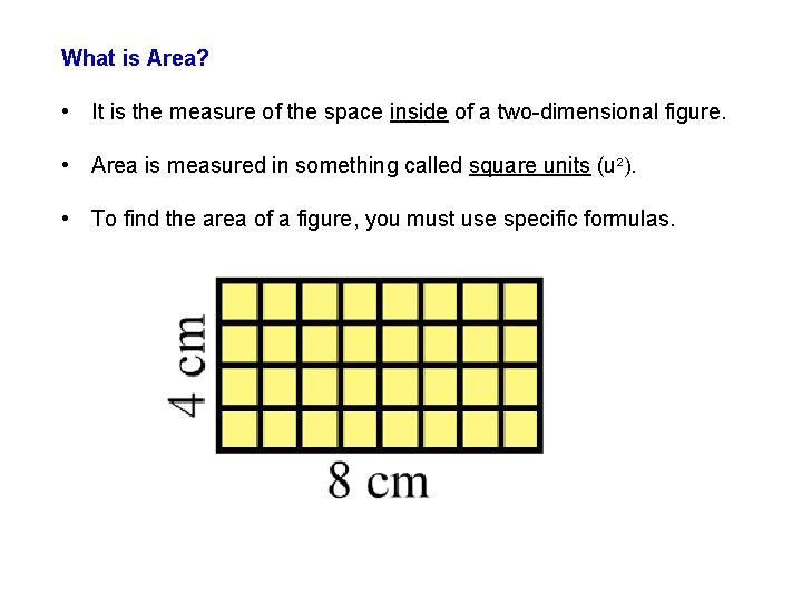 What is Area? • It is the measure of the space inside of a