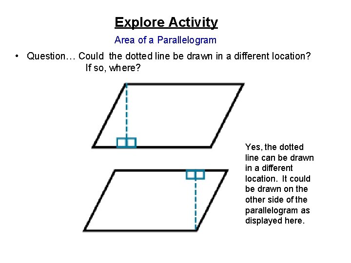 Explore Activity Area of a Parallelogram • Question… Could the dotted line be drawn