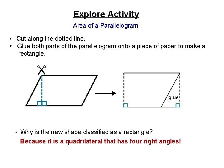 Explore Activity Area of a Parallelogram • Cut along the dotted line. • Glue