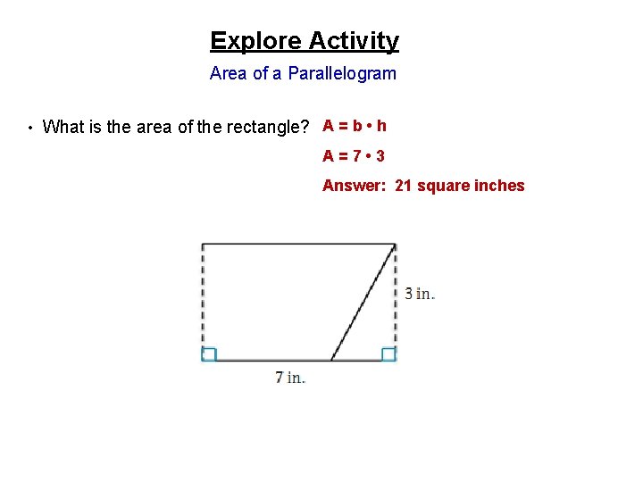 Explore Activity Area of a Parallelogram • What is the area of the rectangle?
